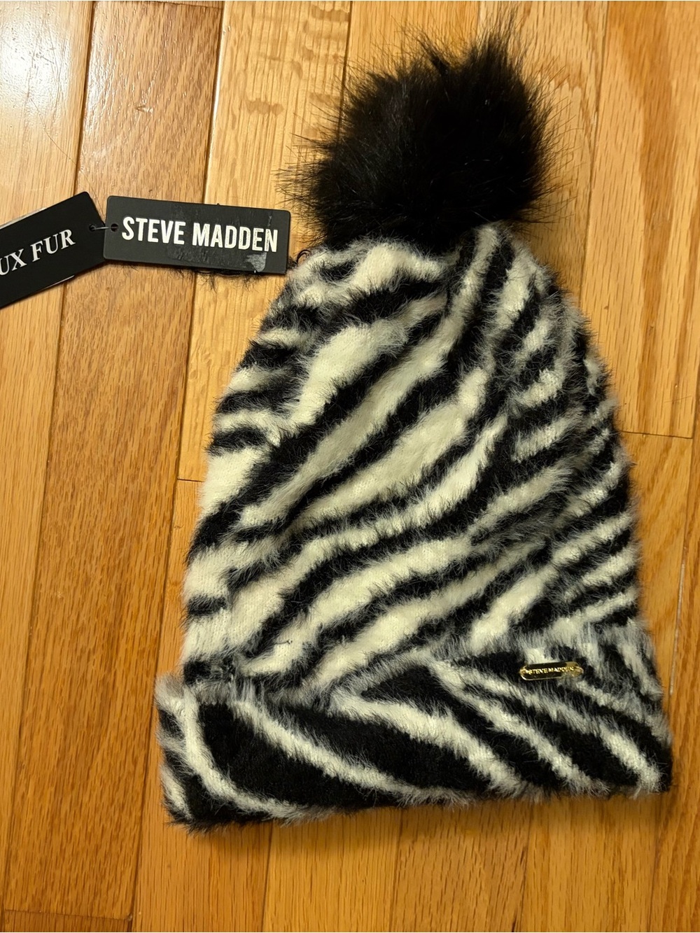 Steve Madden Black and White Zebra Faux Fur Pom Beanie